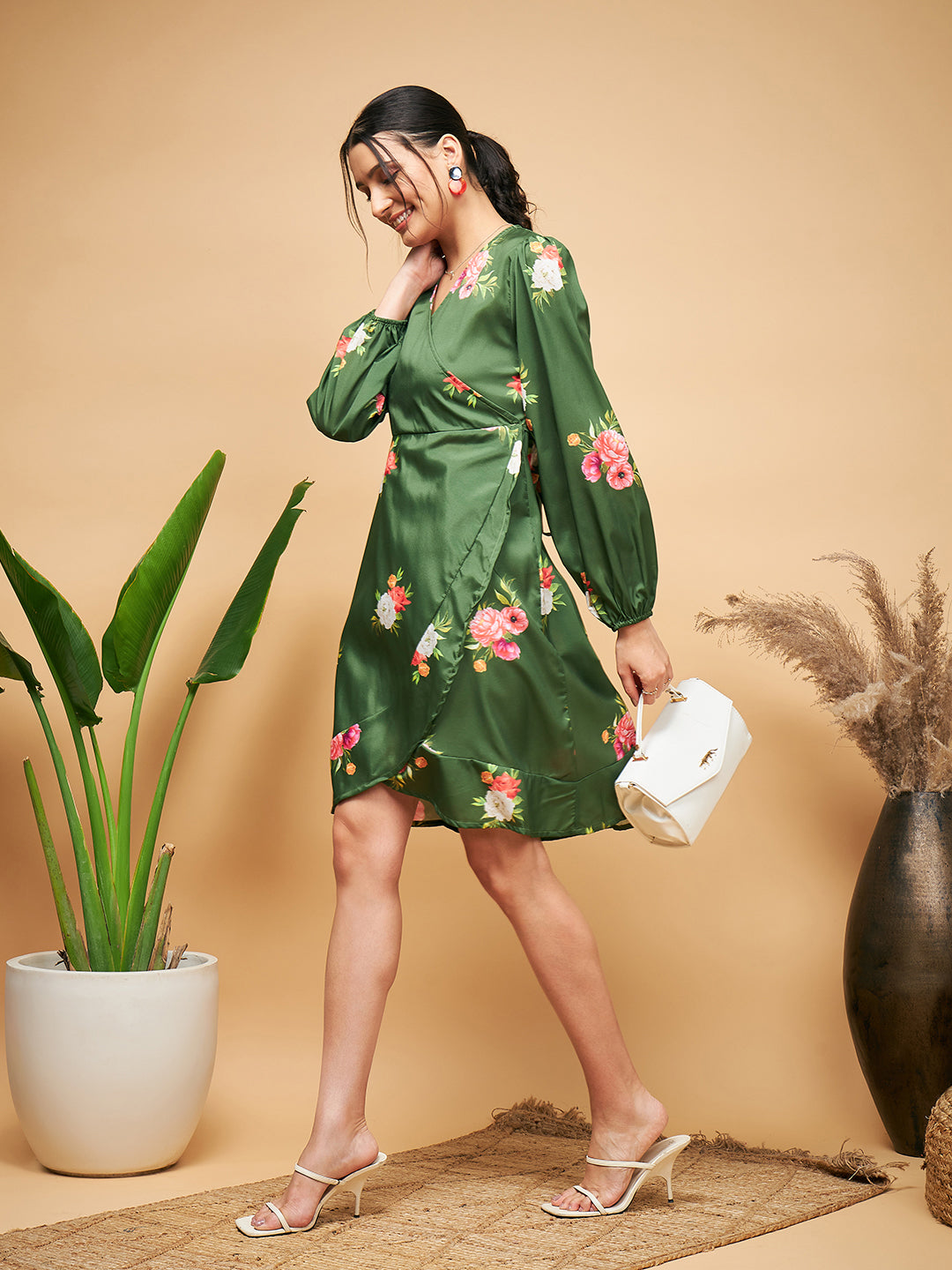 InWeave Women's Green Small Flower Belted Dress - Distacart