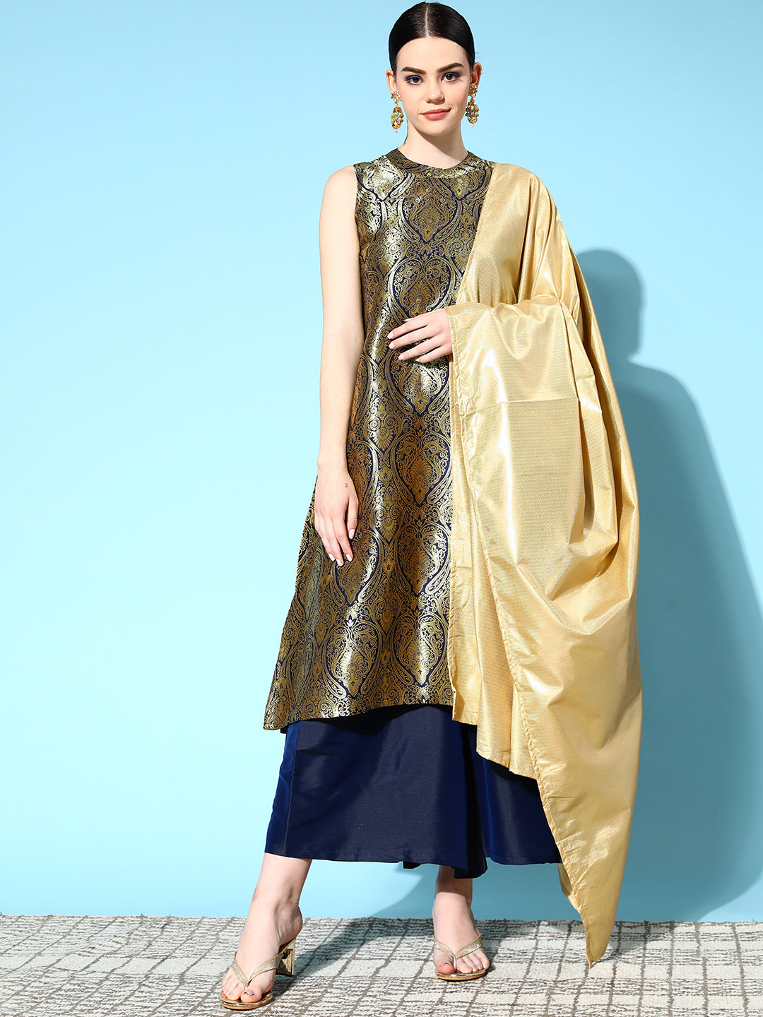 InWeave Women's Blue Banarasi Halter Kurta Set With Golden Dupatta - Distacart