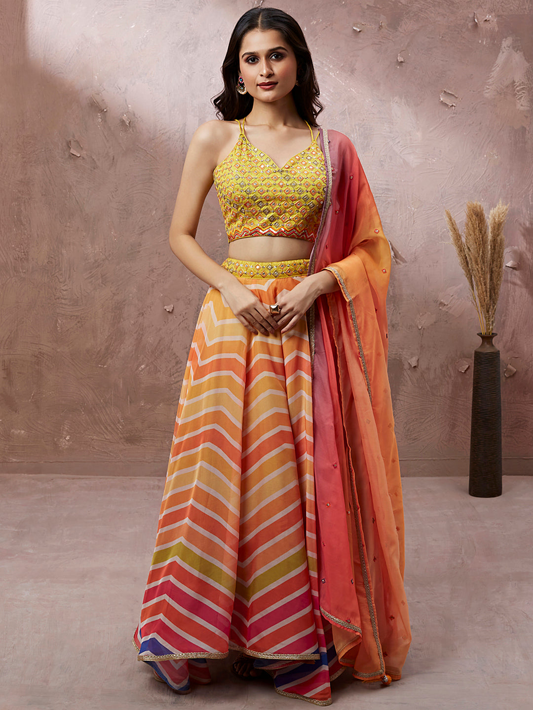 House of Panchhi Yellow Organza Leheriya Printed Lehenga Choli & Dupatta - Distacart