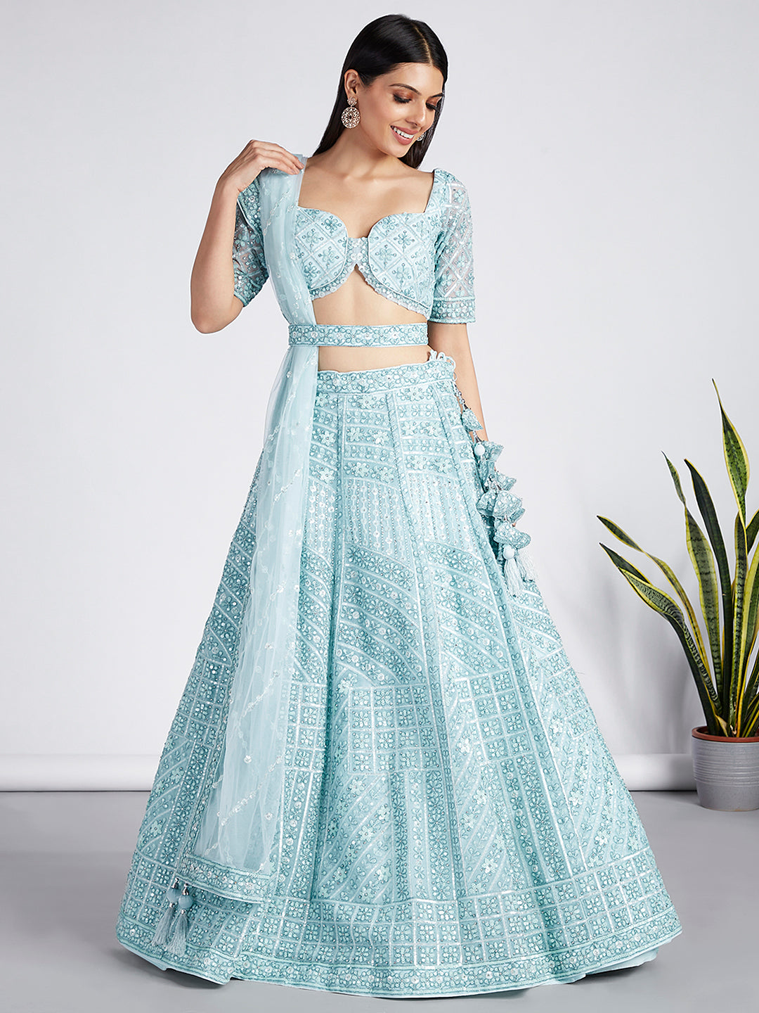 House of Panchhi Turquoise Blue Net Sequins, Zarkan And Thread Embroidery Lehenga Choli & Dupatta - Distacart