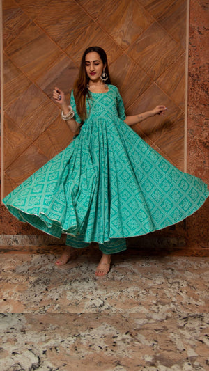 Pomcha Jaipur Bandhej Tiffany Blue Cotton Anarkali Set - Distacart