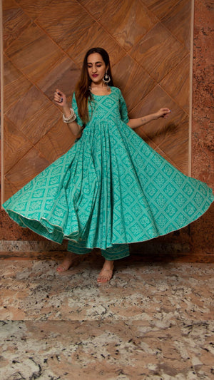 Pomcha Jaipur Bandhej Tiffany Blue Cotton Anarkali Set - Distacart