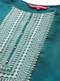Thumbnail for Varanga Teal Straight Kurta With Embroidered Yoke - Distacart