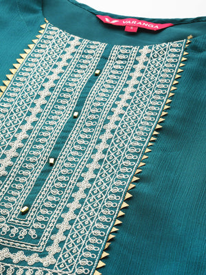 Varanga Teal Straight Kurta With Embroidered Yoke - Distacart