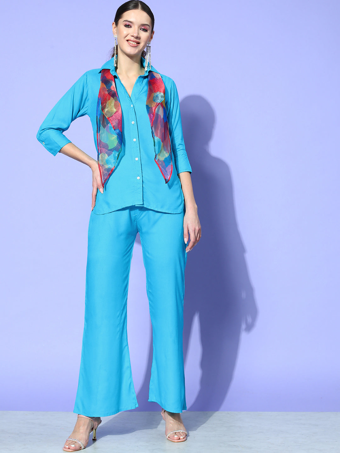 InWeave Women's Aqua Blue Coord Set With Maroon Abstract Scarf - Distacart