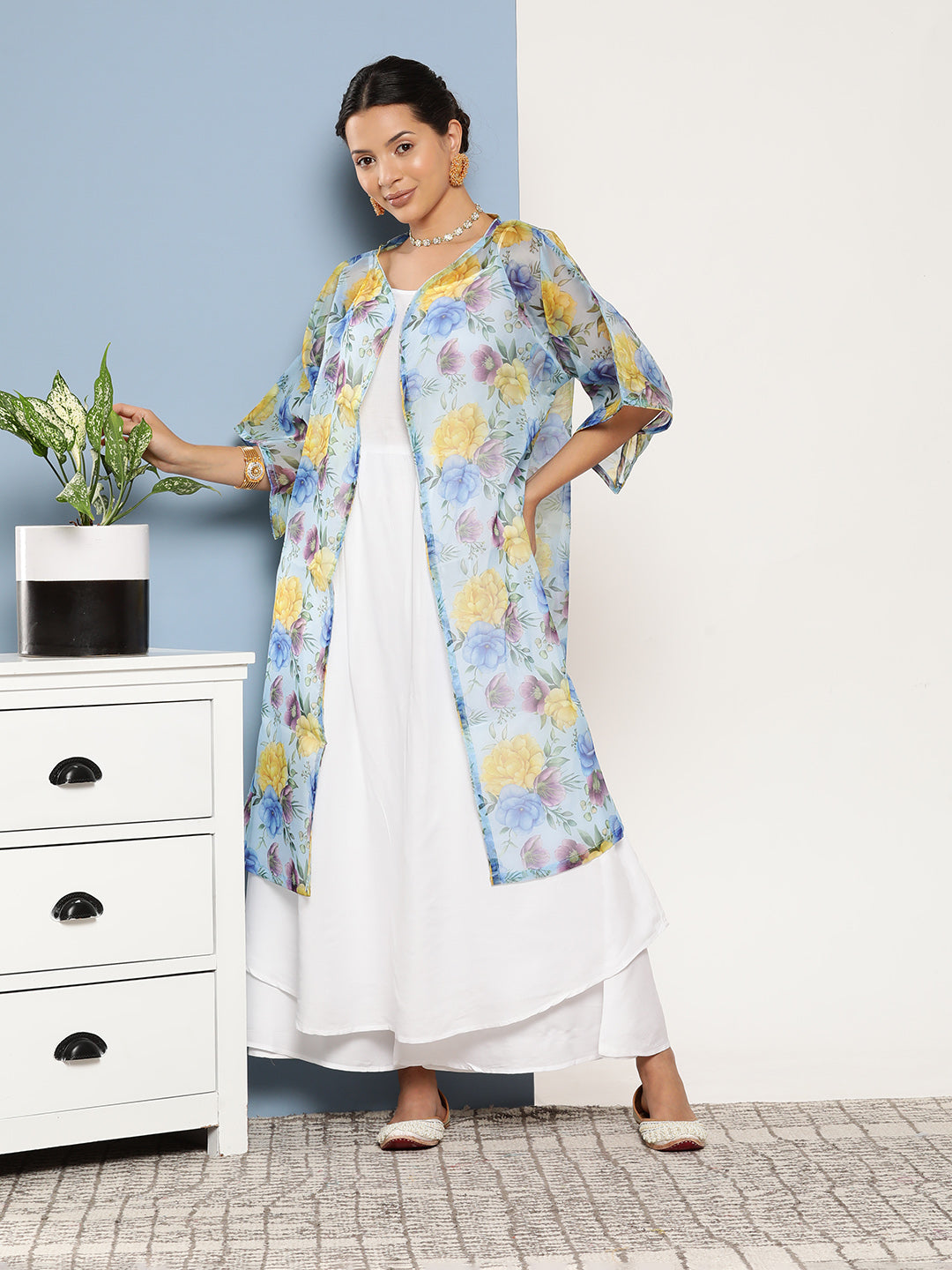 InWeave Women's Cream Strappy With Blue Floral Print Cape - Distacart