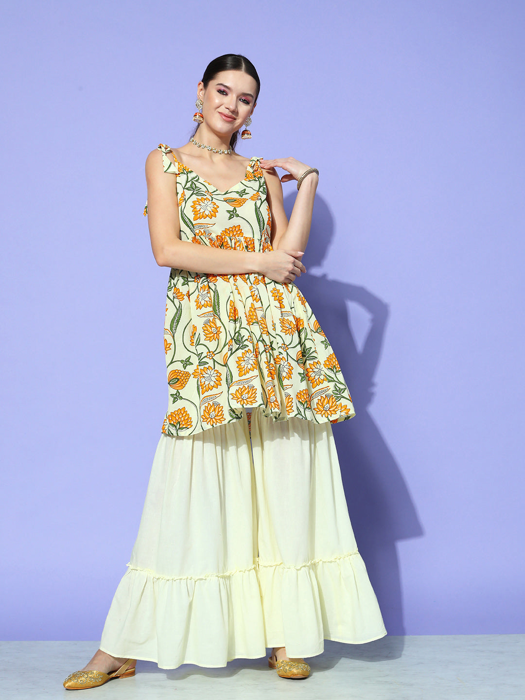 InWeave Women's Off White Yellow Floral Print Tie Up Kurta Sharara Set - Distacart