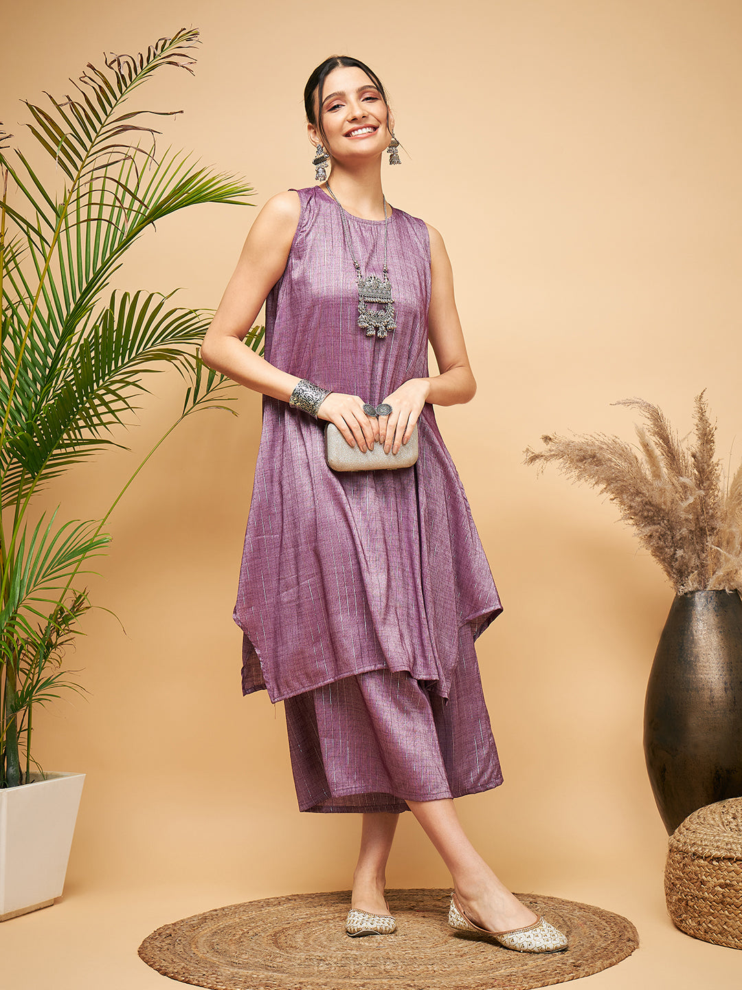 InWeave Women's Mauve Lurex Short Pallazo Kurta Set - Distacart
