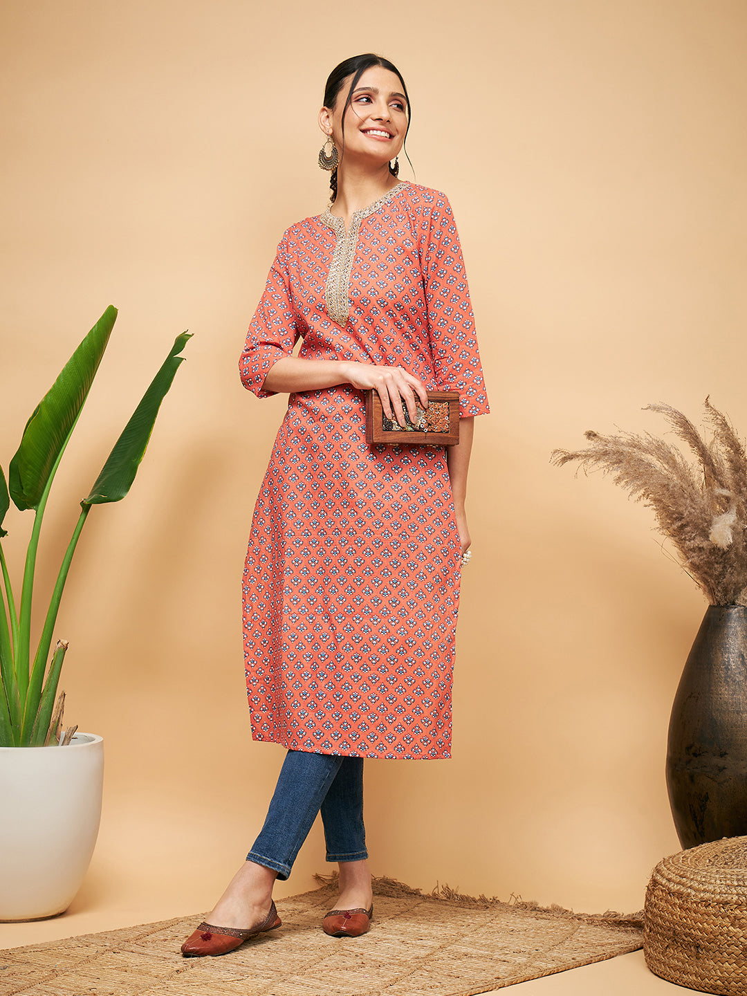 InWeave Women's Coral Blue Boota Print Gota Straight Kurta - Distacart