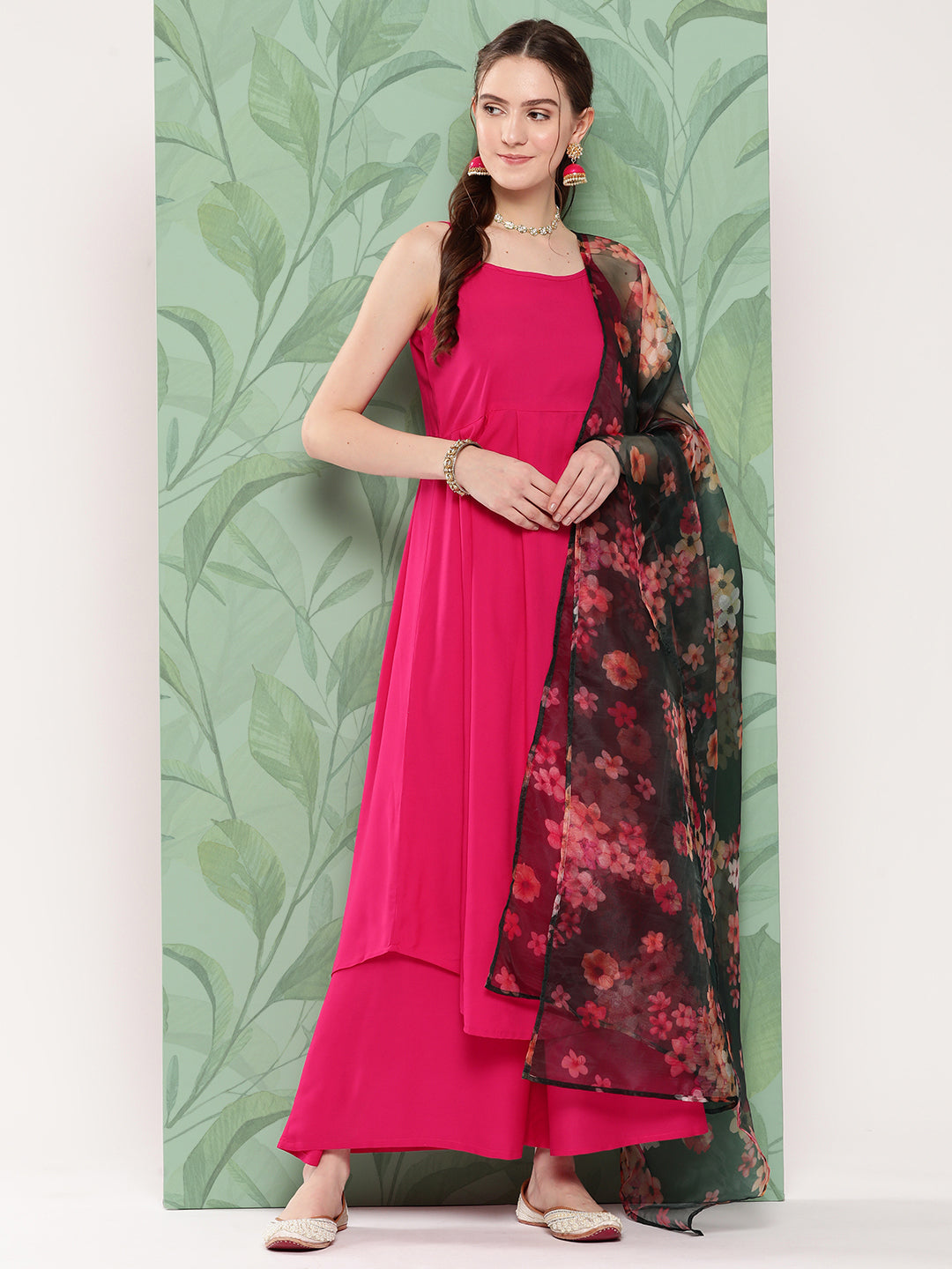 InWeave Women's Fuchsia Strappy Set W Dark Green Camelia Or Dupatta - Distacart