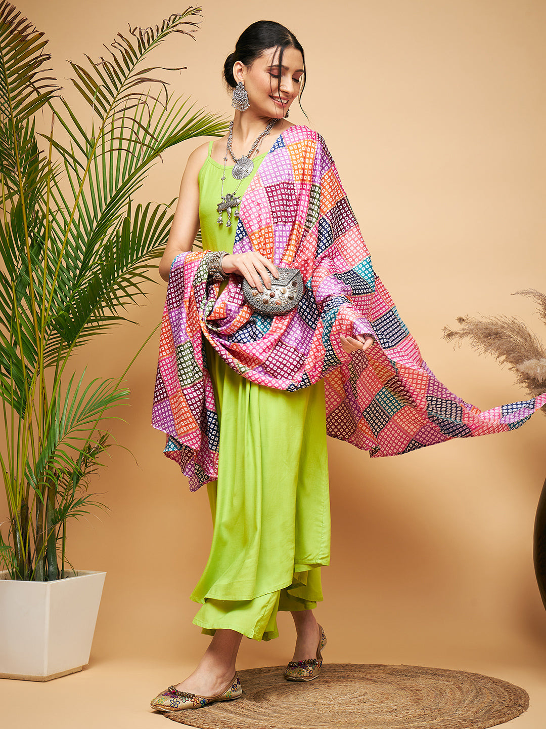 InWeave Women's Lime Green Strappy Set W Square Bandhani Print Silk Dupatta - Distacart