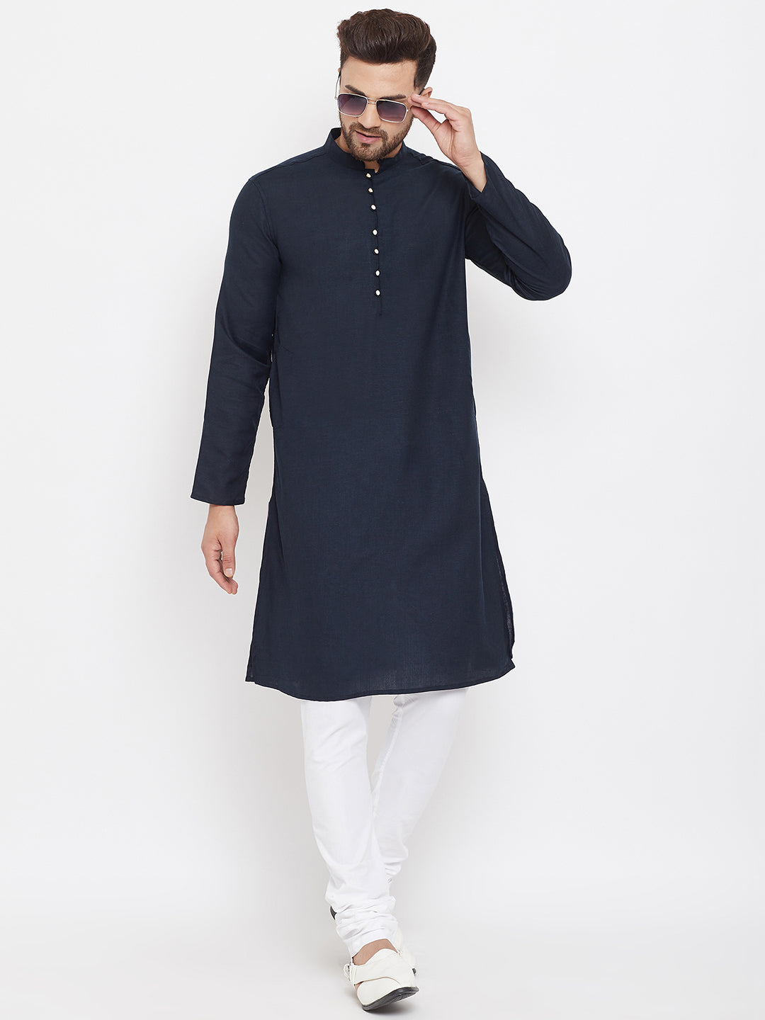 Even Apparels Blue Pure Cotton Kurta With Band Collar - Distacart