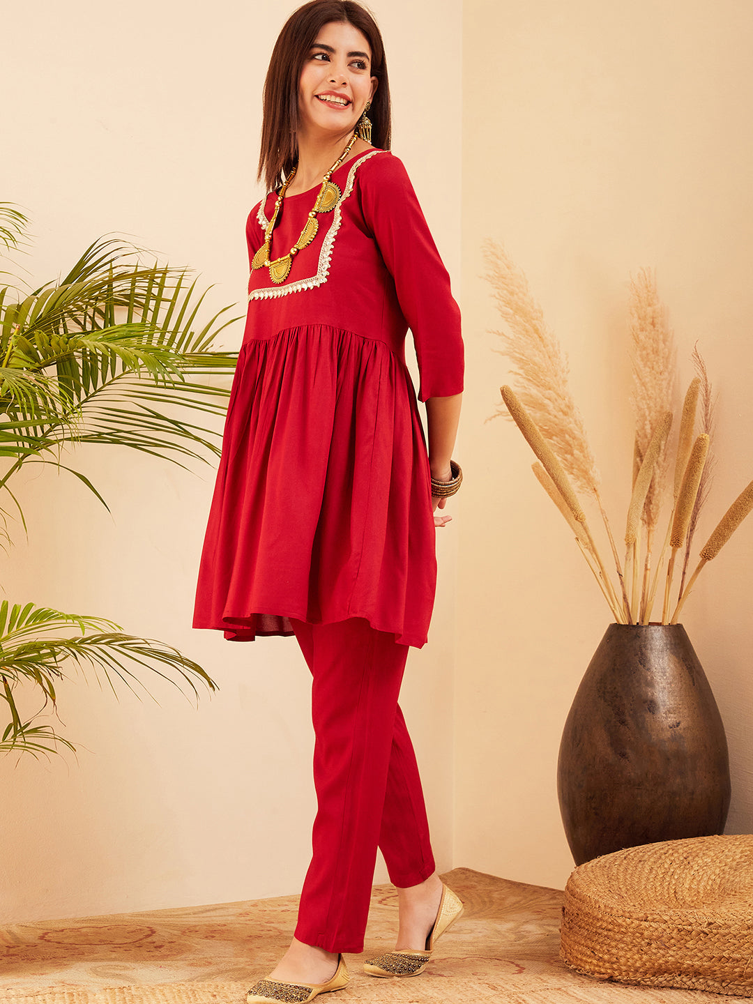 InWeave Women's Maroon Round Neck Square Gota Work Kurta Pant Set - Distacart