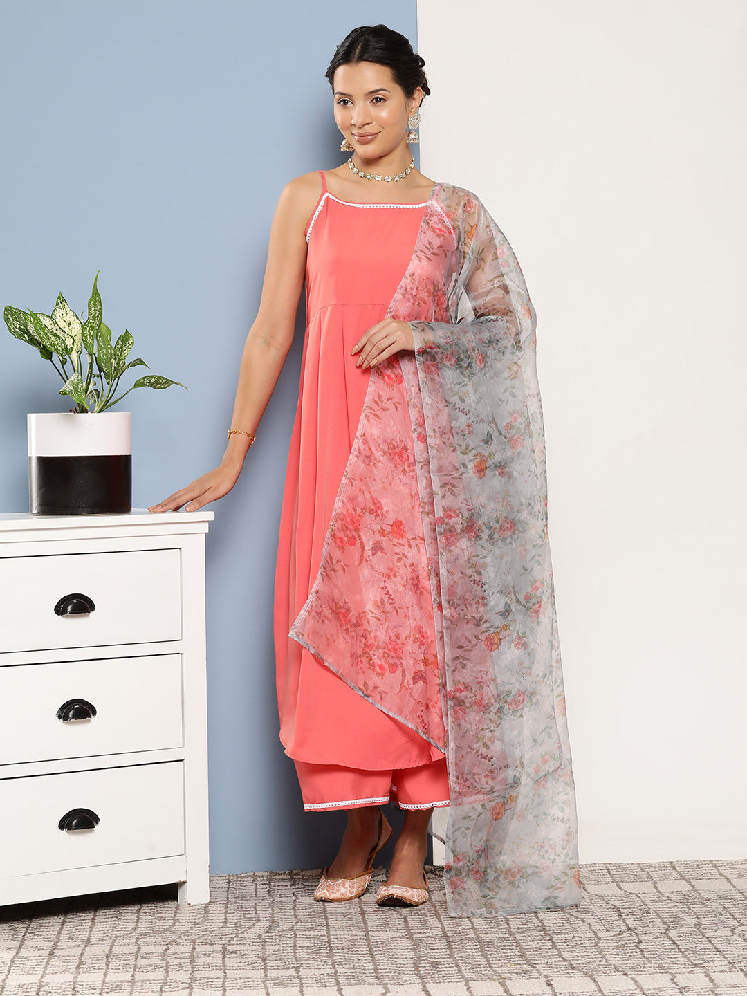 InWeave Women's Peach Cr Strappy Set With White Organza Dupatta - Distacart