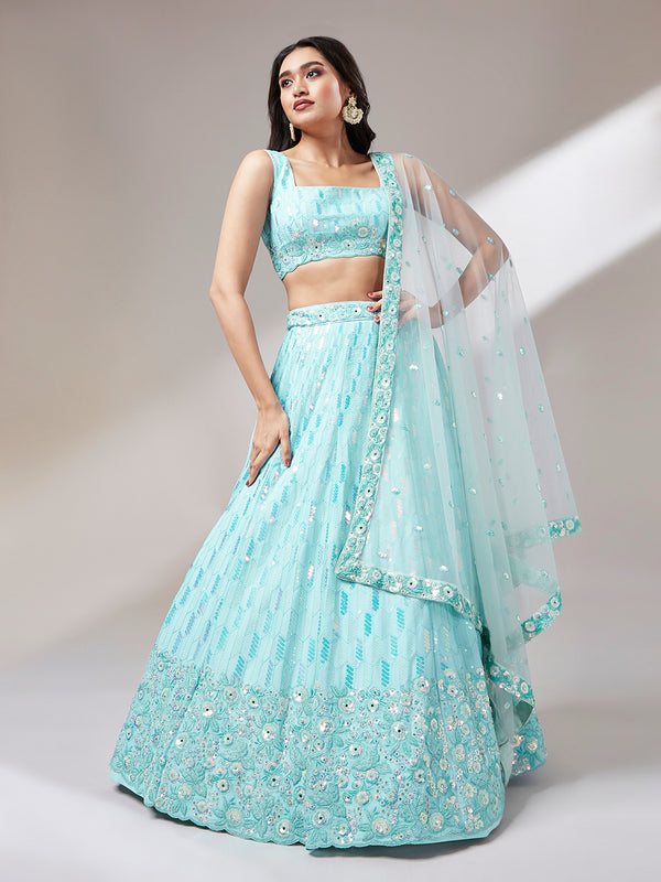 House of Panchhi Turquoise Blue Georgette Sequinse Embroidery Lehenga Choli & Dupatta - Distacart