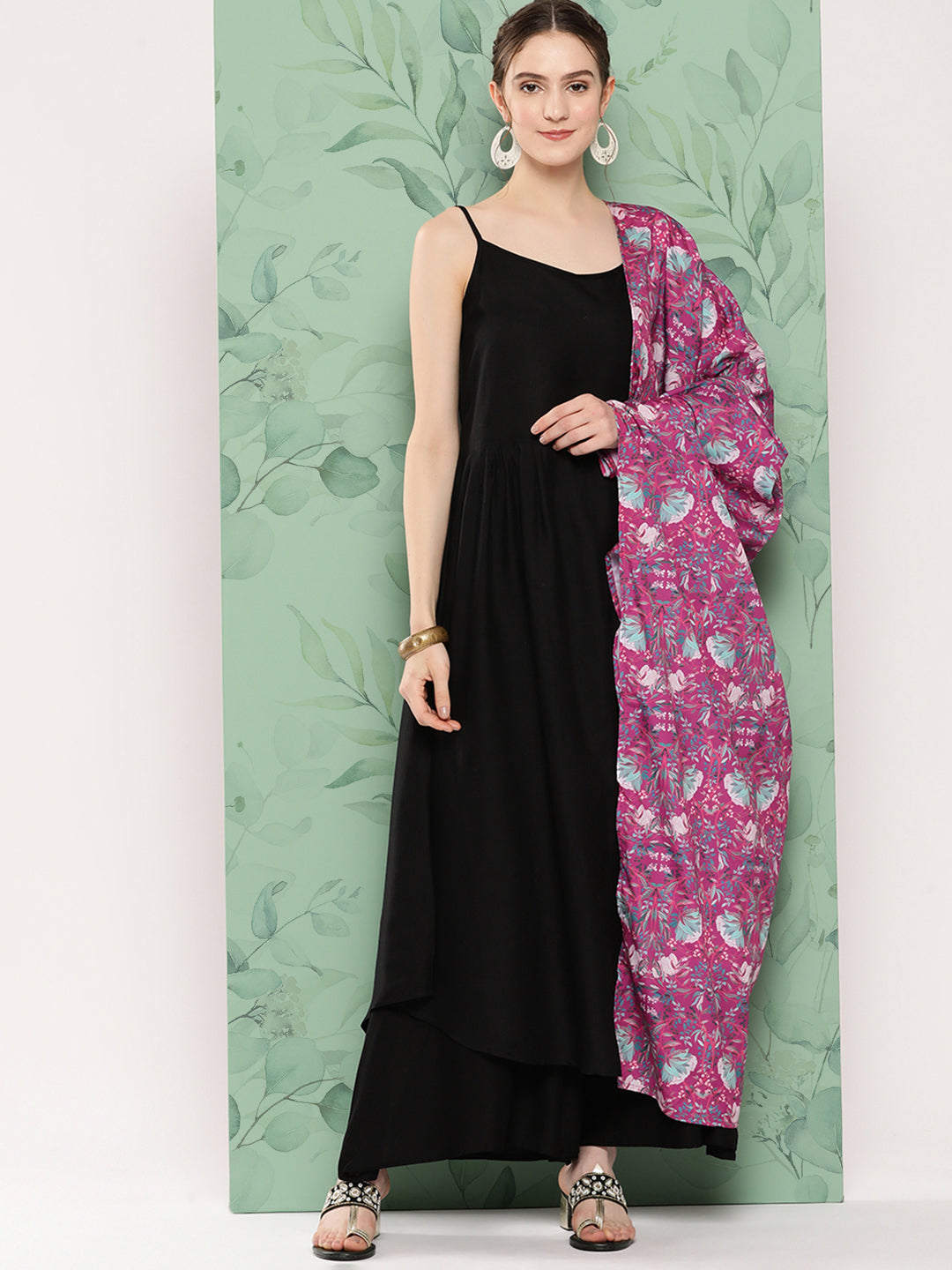 InWeave Women's Black Strappy Set W Magenta Camelia Cr Dupatta - Distacart