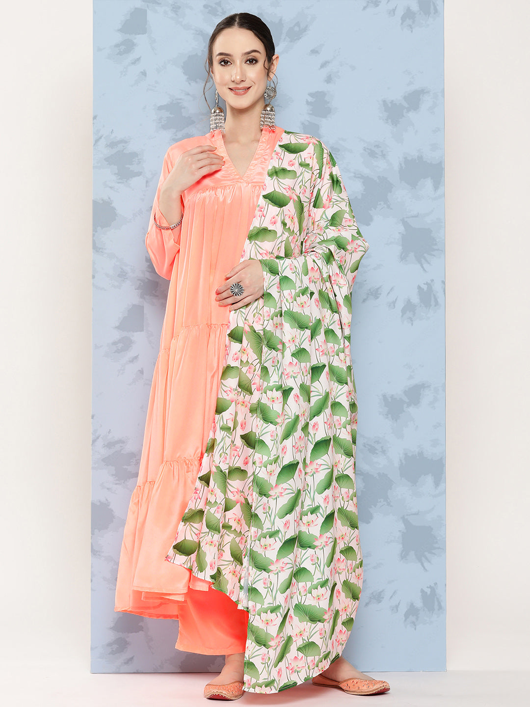 InWeave Women's Peach Tiered Kurta Set With White Pink Lotus Cr Dupatta - Distacart