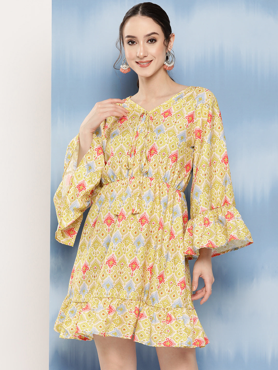 InWeave Women's Yellow Orange Ikkat Print Short Dress - Distacart