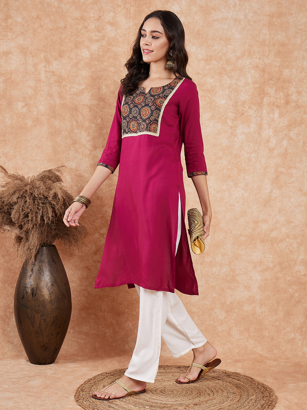 InWeave Women's Wine Printed Neck Patch Work Straight Kurta - Distacart