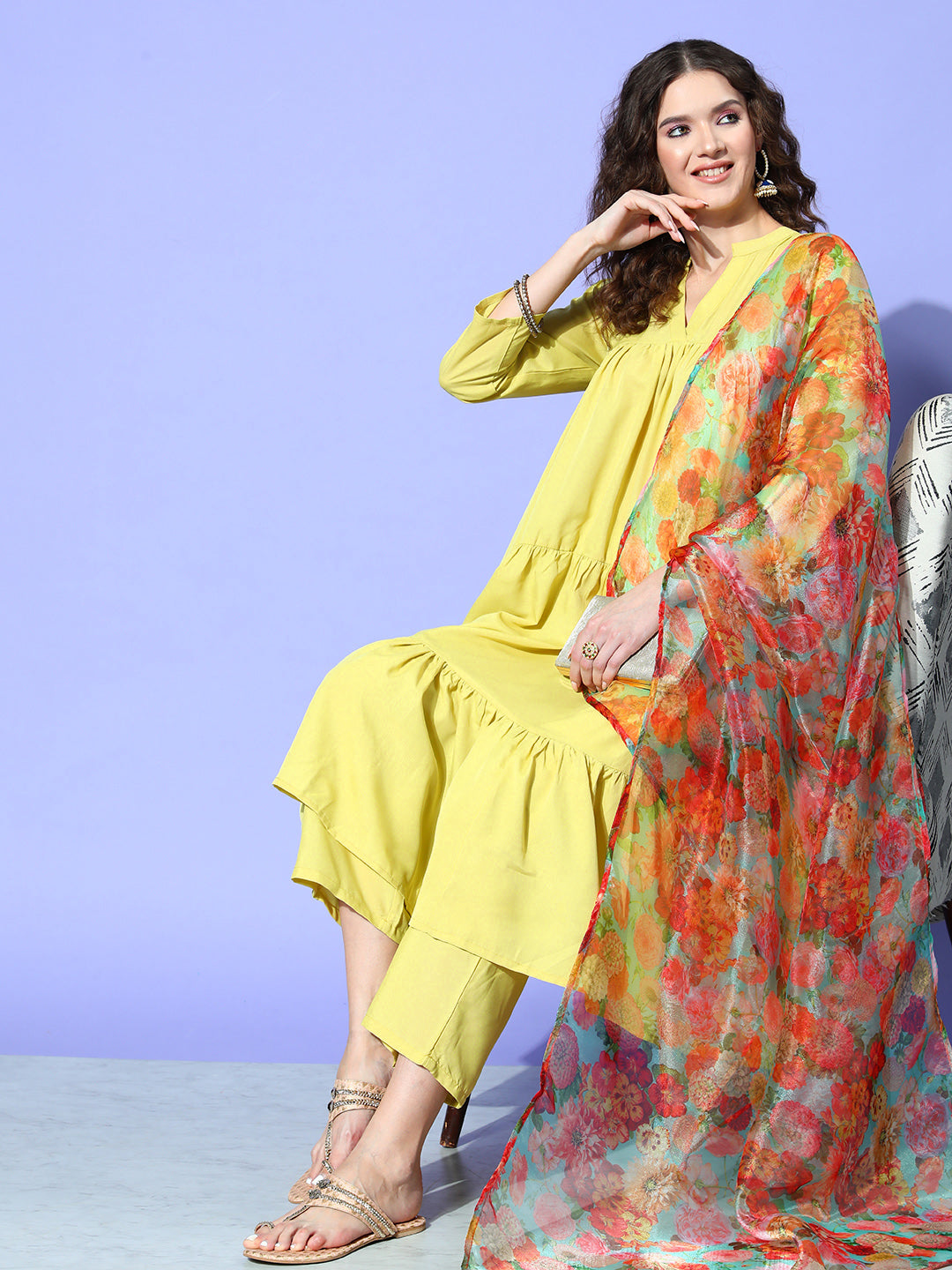 InWeave Women's Lime Green Flared Kurta Set With Green Organza Dupatta - Distacart