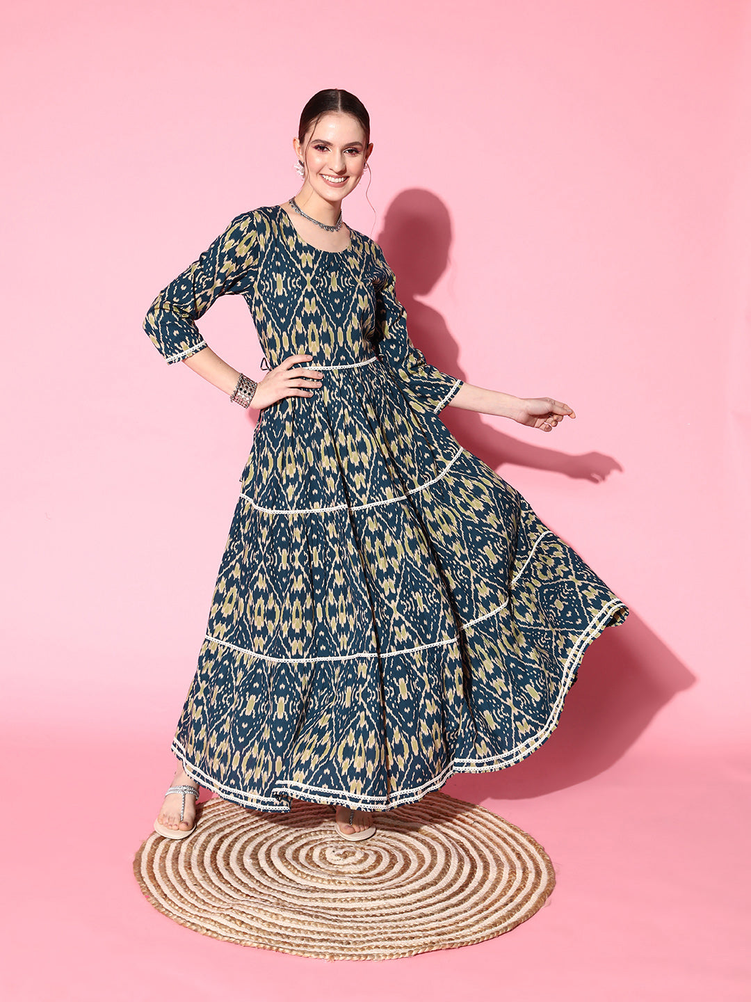 InWeave Women's Blue Ikkat Print Tiered Dress With Lace - Distacart