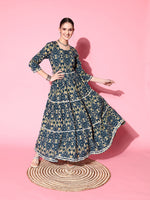 Thumbnail for InWeave Women's Blue Ikkat Print Tiered Dress With Lace - Distacart