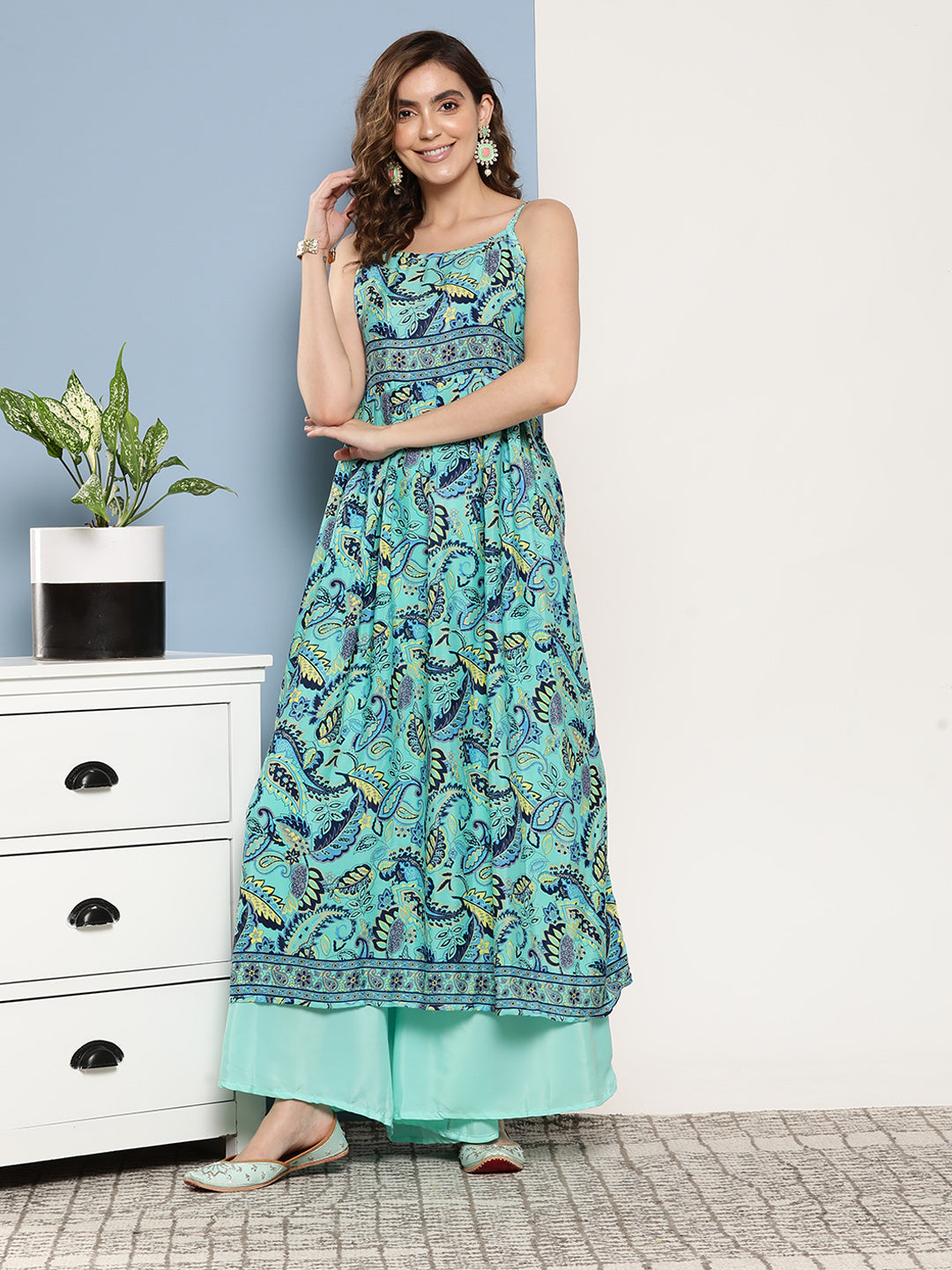 InWeave Women's Camelia Blue Pastel Print Strappy Kurta Set - Distacart