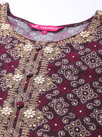 Thumbnail for Varanga Violet Bandhani Printed Kurta With Embroidered Yoke - Distacart