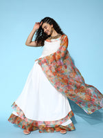 Thumbnail for InWeave Women's White Strappy Orgranza Border Kurta Set With Dupatta - Distacart