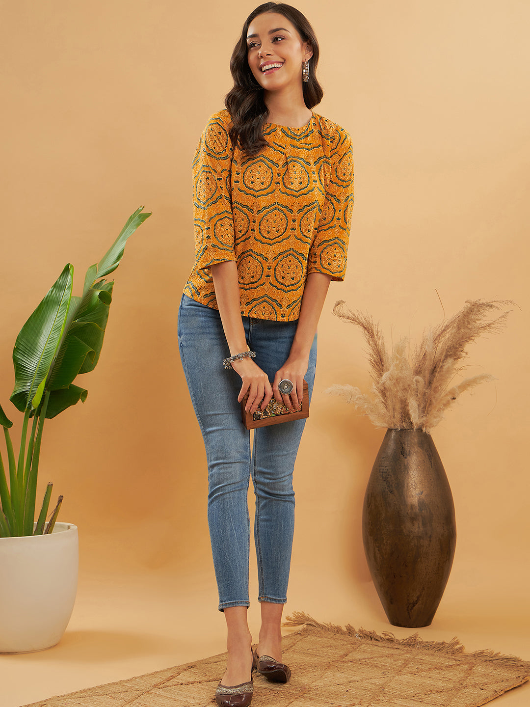 InWeave Women's Haldi Yellow Mughal Kalamkari Top - Distacart