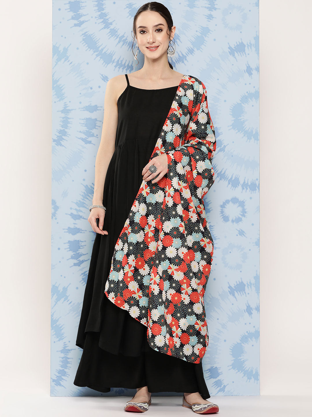 InWeave Women's Black Strappy Set With White Red Round Motif Dupatta - Distacart