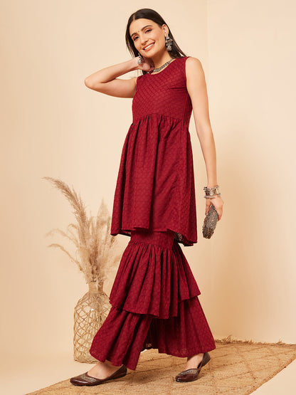 InWeave Women's Carmine Maroon Lace Work Double Layer Sharara Set - Distacart