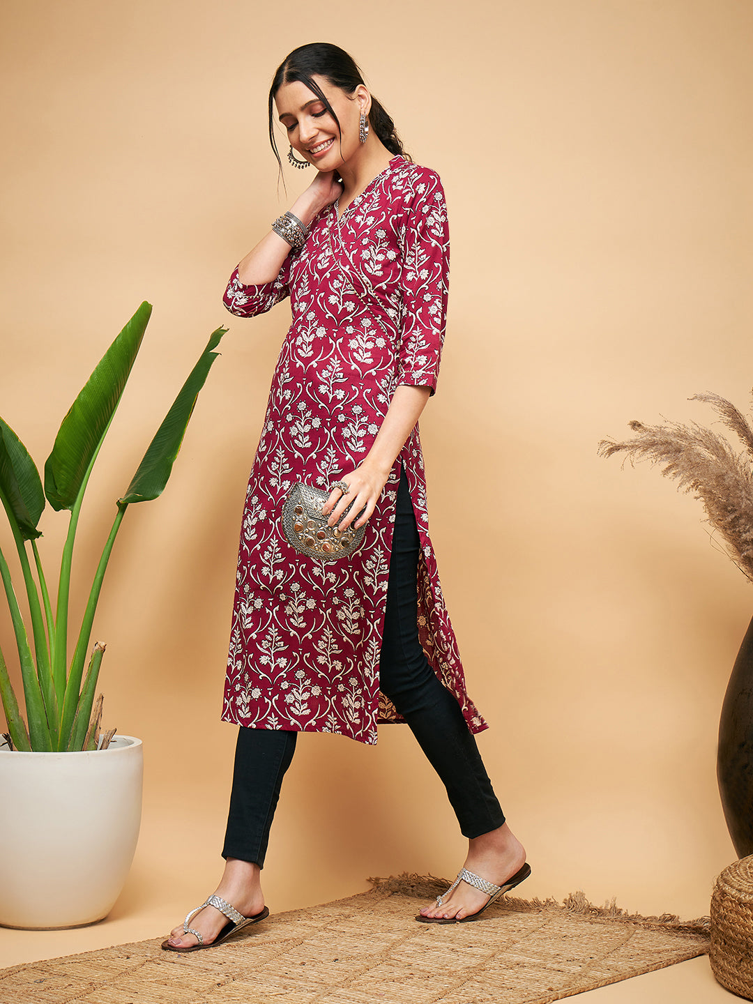InWeave Women's Wine Floral Print Straight Angrakha Gota Kurta - Distacart