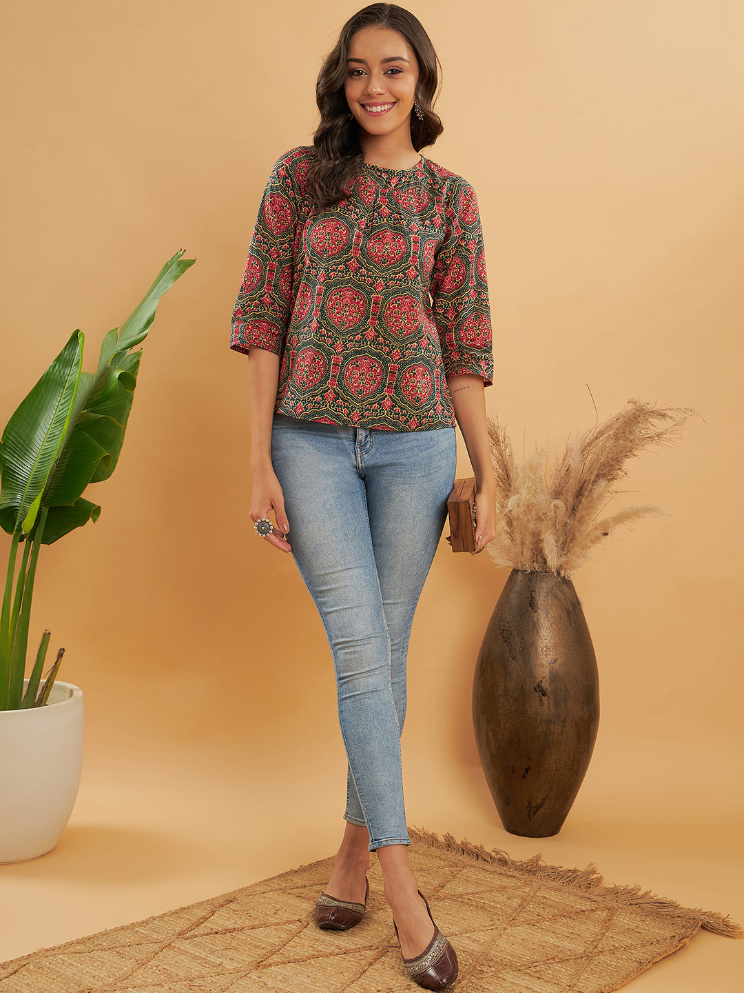 InWeave Women's Green Red Mughal Kalamkari Top - Distacart