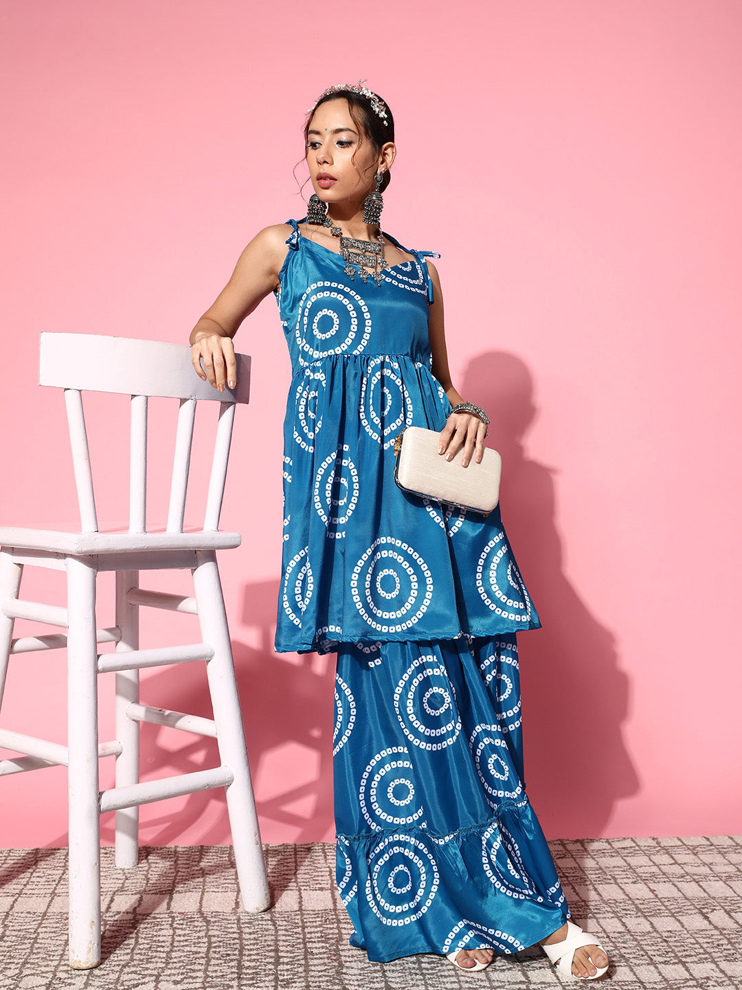 InWeave Women's Blue Bandhani Motif Shoulder Tie Up Kurta Set - Distacart