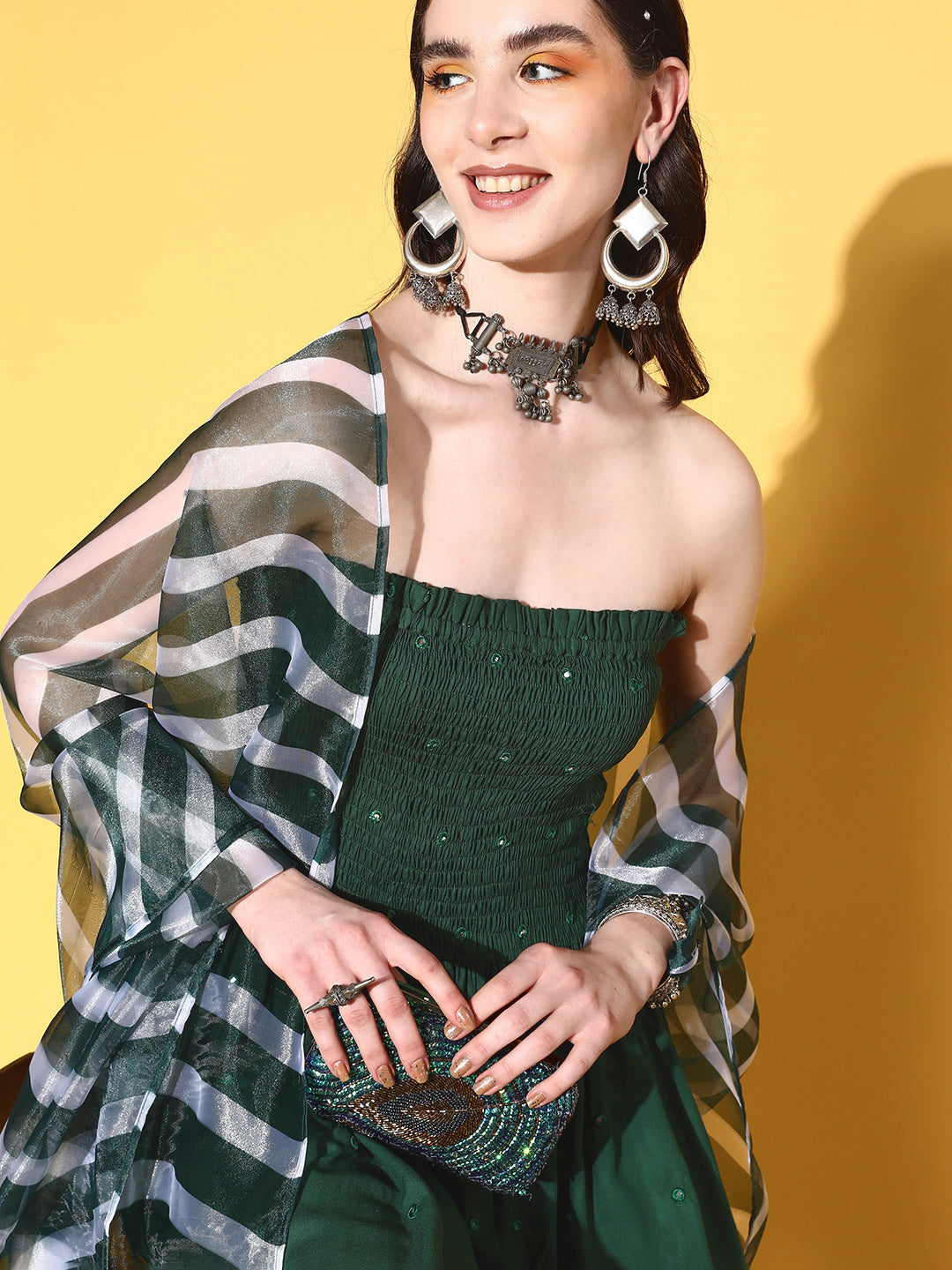 InWeave Women's Green Mirror Work Off Shoulder Kurta Set With Dupatta - Distacart