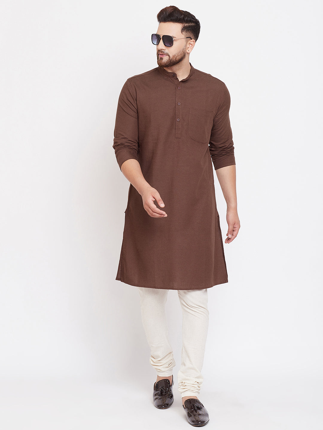 Even Apparels Brown Solid Kurta With Band Collar - Distacart