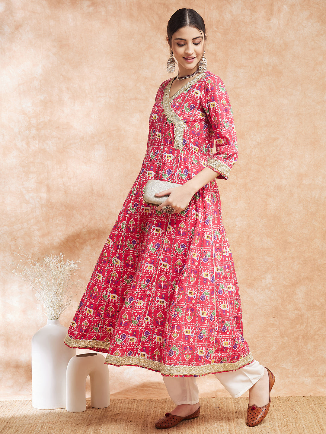InWeave Women's Pink Patola Printed Gota Embroidered Anarkali Kurta - Distacart