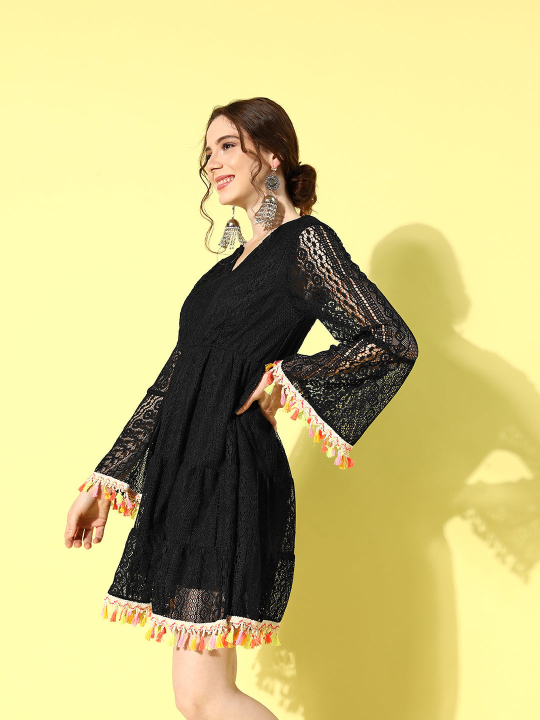 InWeave Women's Black Lacy Dress With Tassles - Distacart