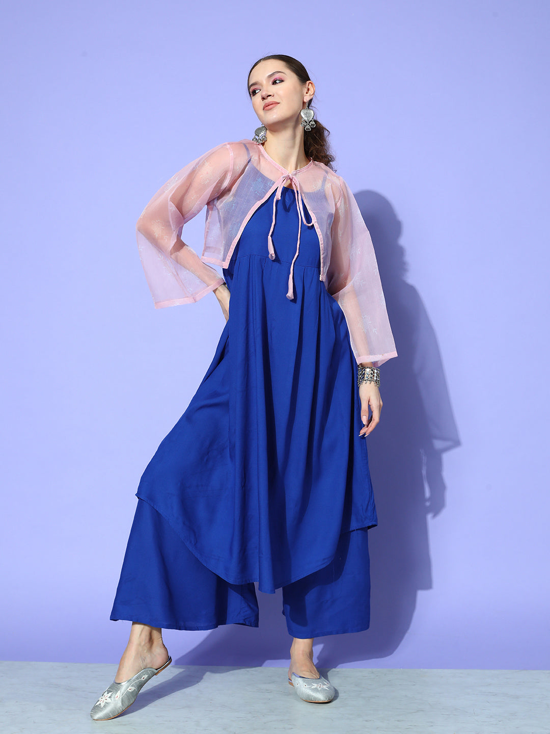 InWeave Women's Ink Blue Strappy Set With Pink Chintz Print Short Organza Cape - Distacart