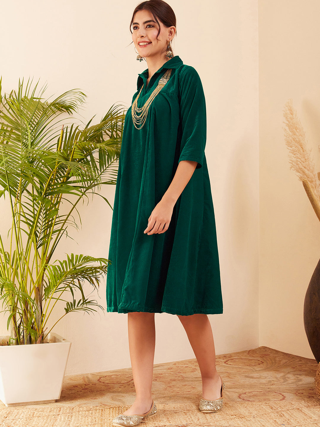 InWeave Women's Teal Velvet Collared Neck Flared Midi Dress - Distacart