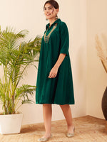 Thumbnail for InWeave Women's Teal Velvet Collared Neck Flared Midi Dress - Distacart