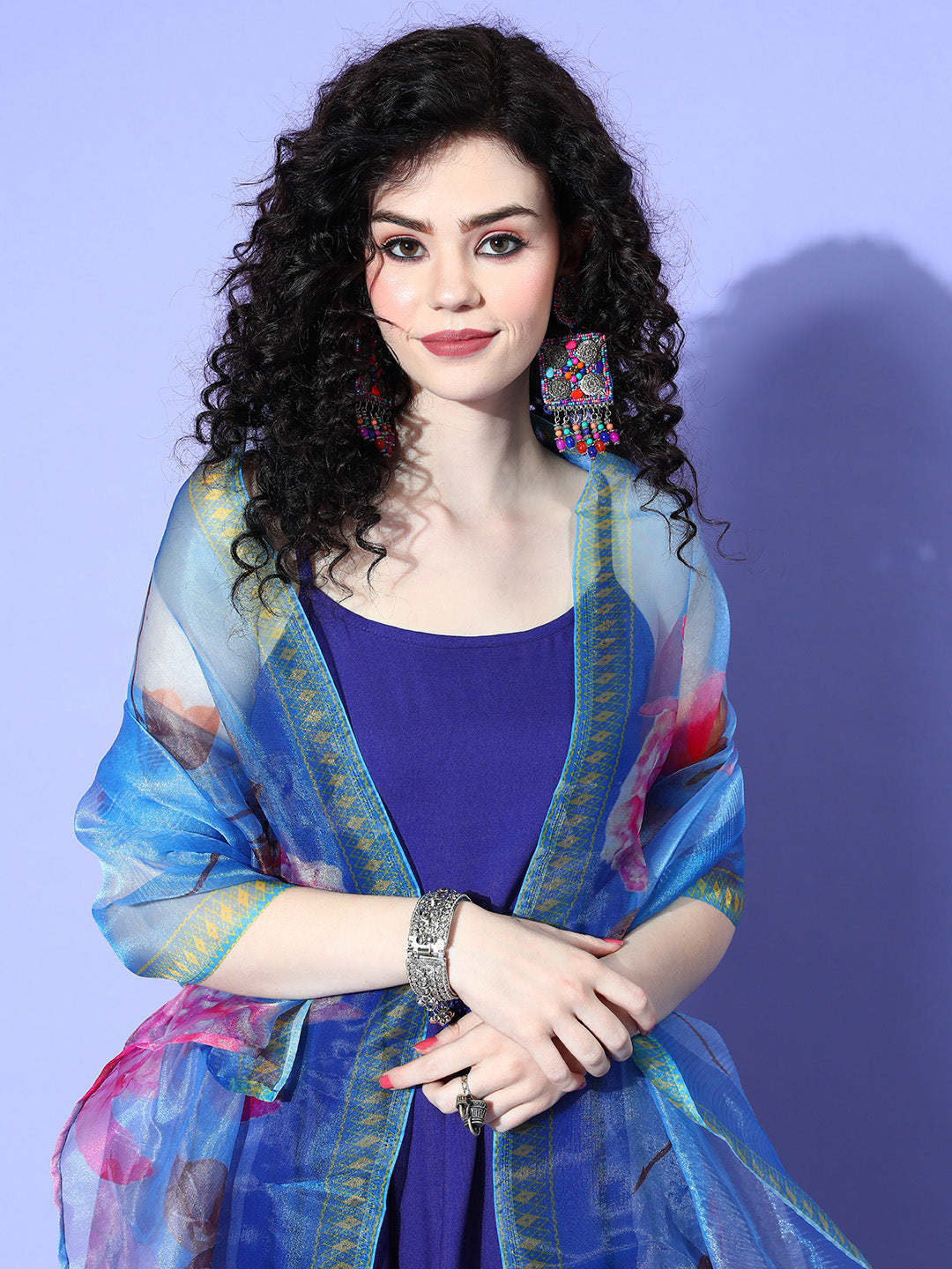 InWeave Women's Strappy Set In Ink Blue With Blue Fuschia Floral Organza Dupatta - Distacart