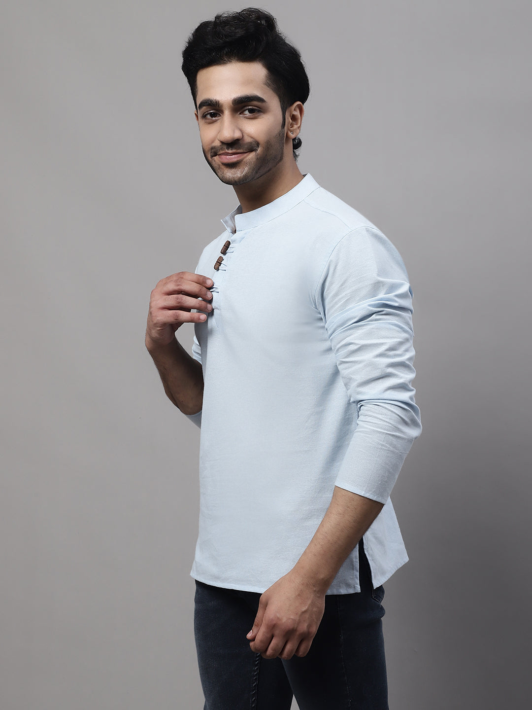 Even Apparels Blue Pure Cotton Kurta With Band Collar - Distacart