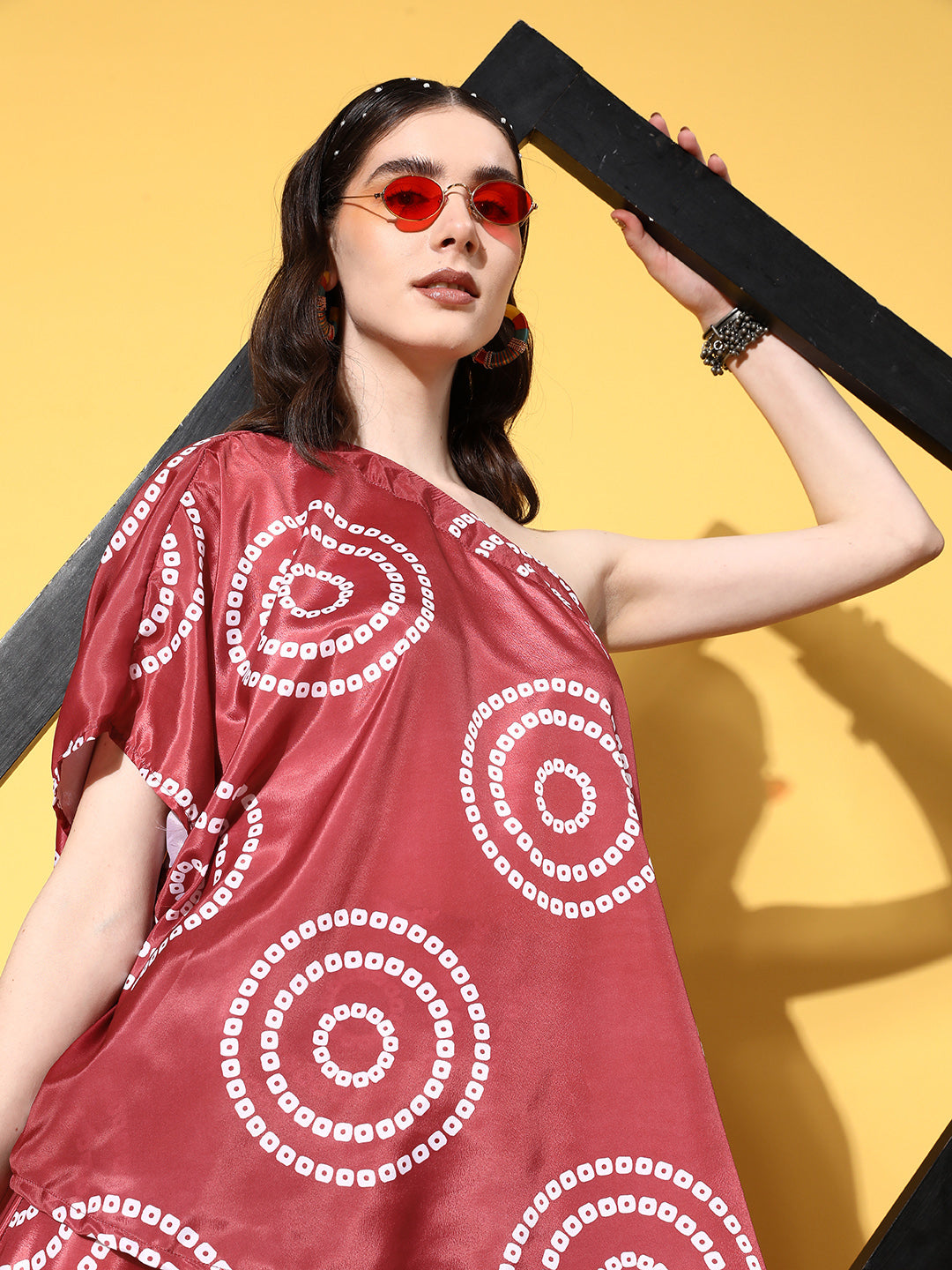 InWeave Women's Maroon Bandhani Motif One Shoulder Palazzo Set - Distacart