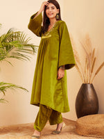 Thumbnail for InWeave Women's Olive V Neck Asymmetrical Pleated Velvet Kurta Set - Distacart