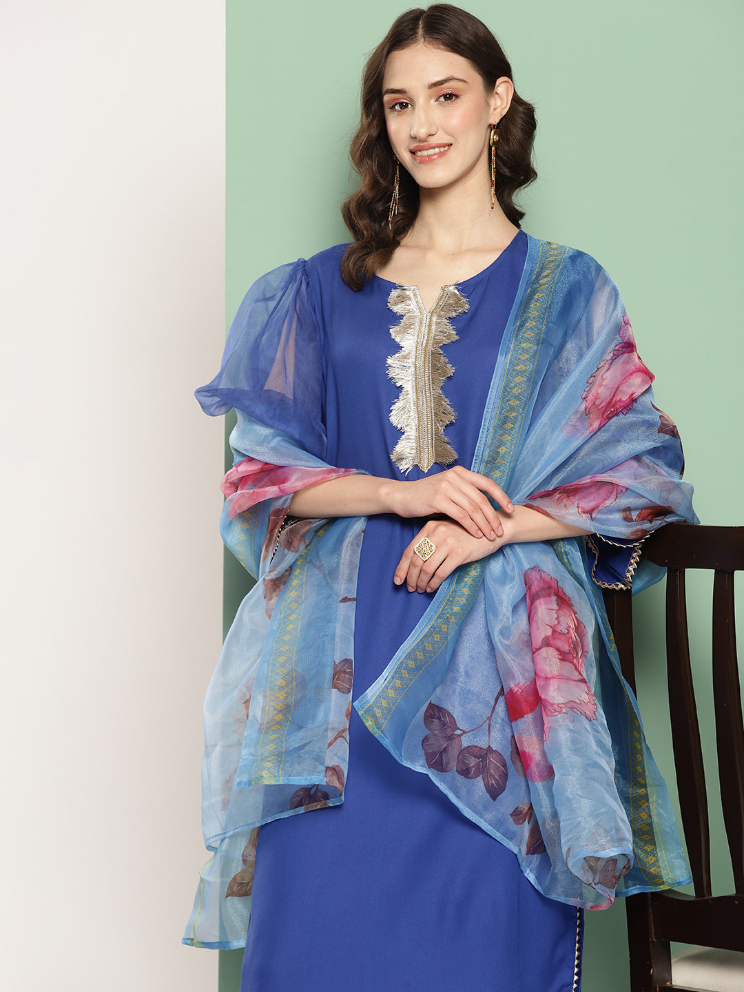 InWeave Women's Ink Blue Organza Sleeve Kurta Set W Blue Fuchsia Or Dupatta - Distacart