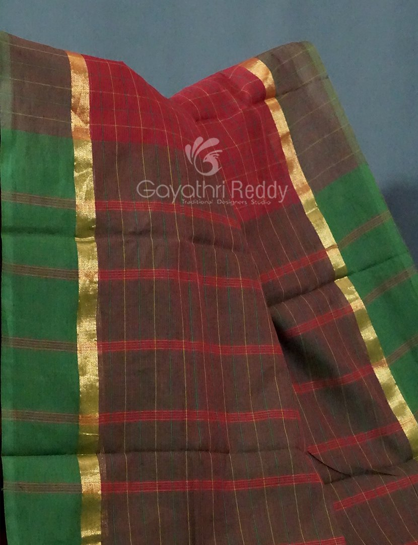 Maroon With Checks Pure Mangalgiri Cotton Saree By Gayathri Reddy Designer Studio - Distacart