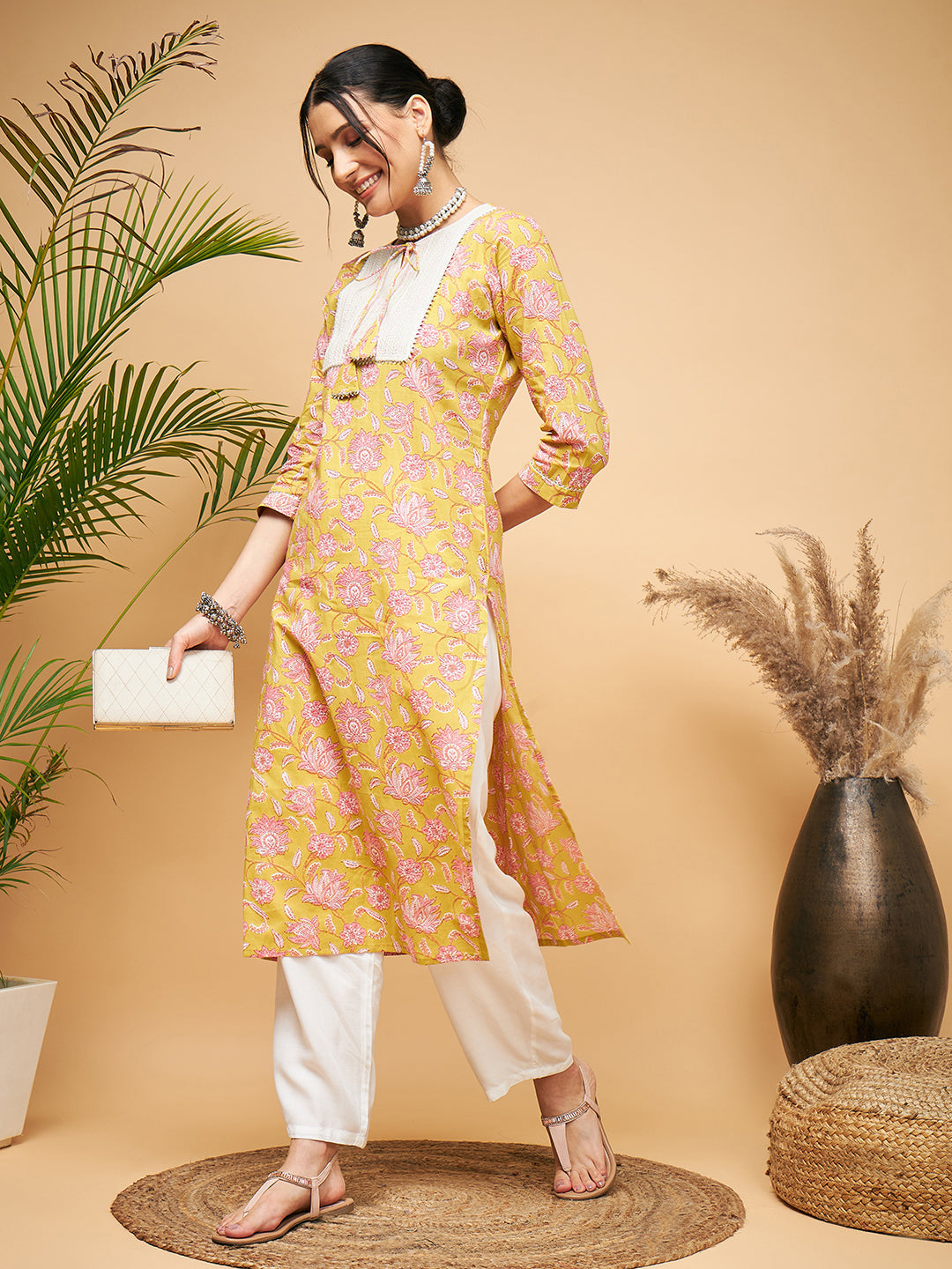 InWeave Women's Lime Pink Print Patch Cotton Straight Kurta Pant Set - Distacart