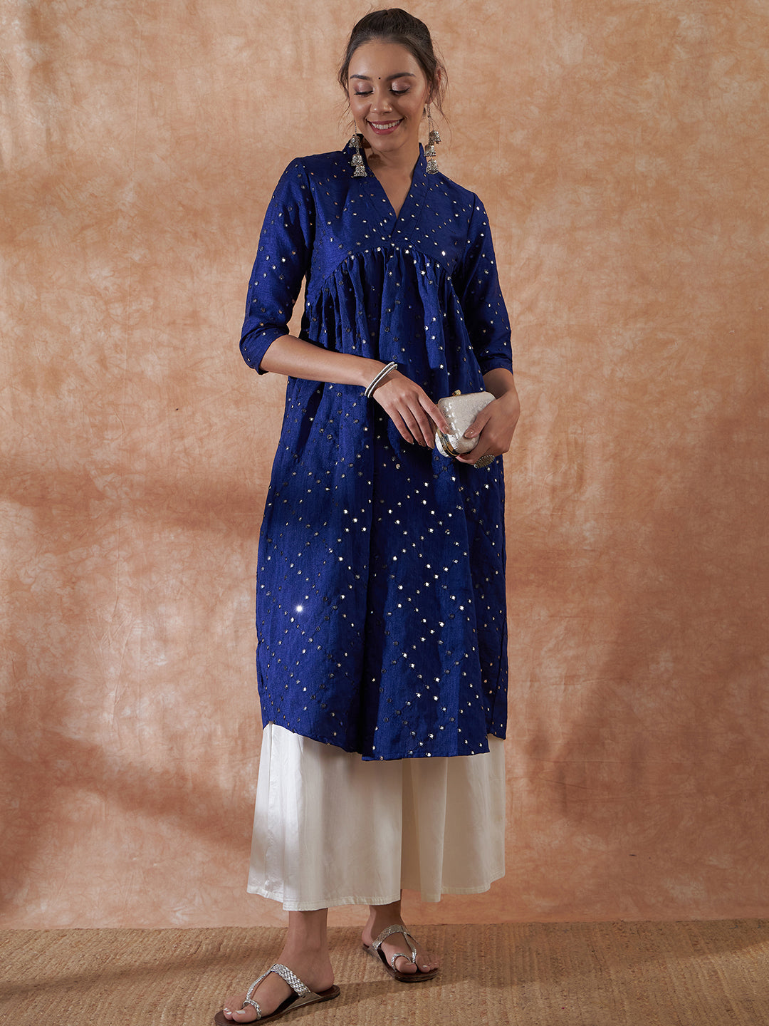 InWeave Women's Blue Mirror Work Flared Kurta - Distacart